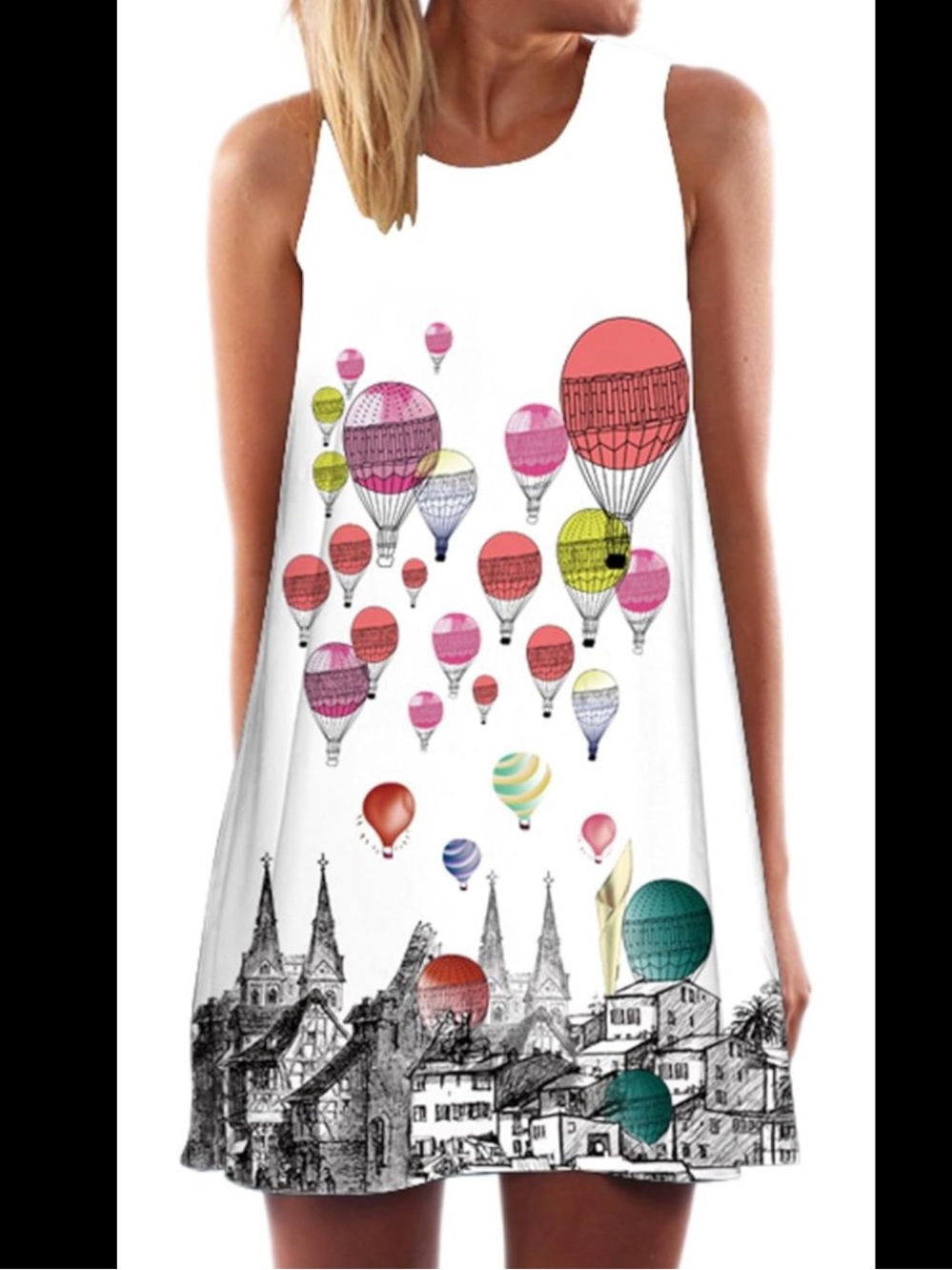 White Midi Dress Colorful Hot Air Balloon Print ,and matching necklace